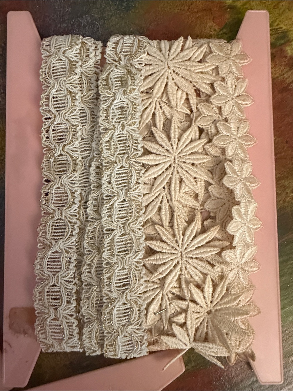 Ivory Lace Trim Bundle Vintage Antique wrapped on 3 pink spool set - Picture 5 of 8